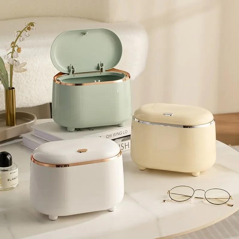 Мини настольный мусорный бак с крышкой, легкий роскошный пластиковый прессованный мусорный бак для ванной комнаты, офиса, спальни, гостиной