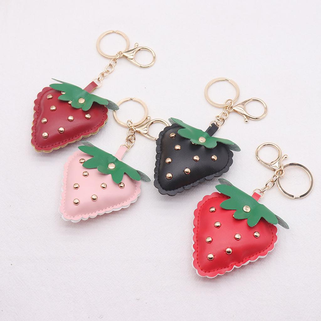 Studded Strawberry Car Keychain with Rivet Decoration PU Leather Key Ring Accessory Bag Pendant For Women Men