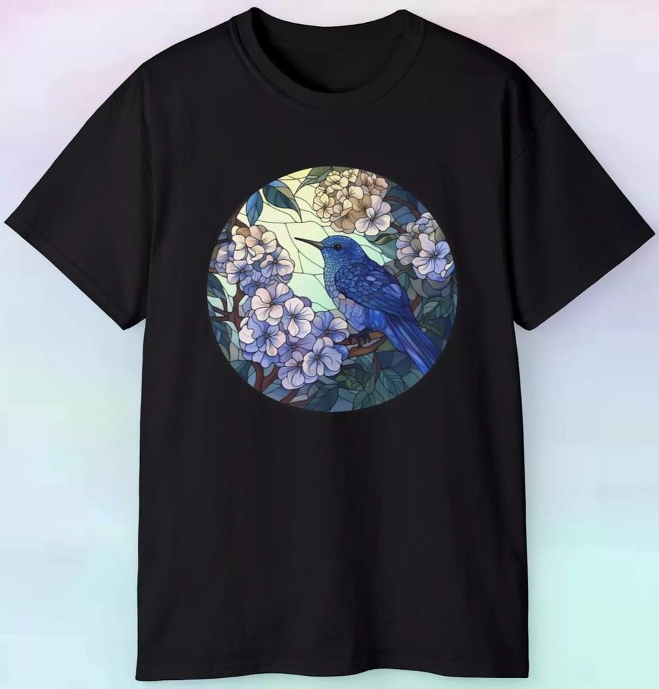 Stained Glass Blue Bird T-Shirt | Floral Circle Art | Nature Inspired Tee S-5XL Unisex T-Shirt