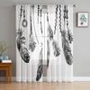 Black White Feather Indian Simple Tulle Curtains for Living Room Bedroom Sheer Voile Drapes Modern Printed Design Sheer Curtains