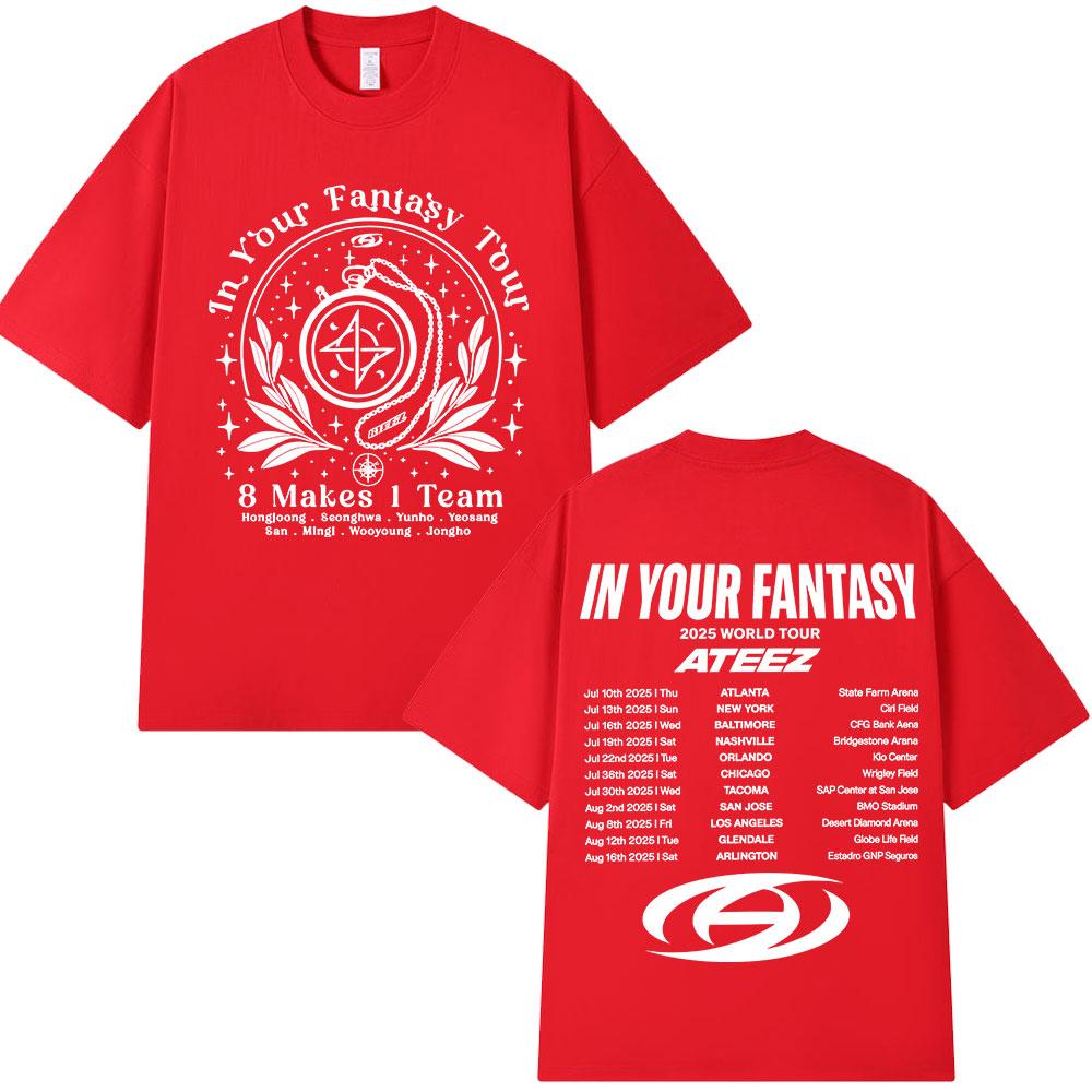 Ateez Мировое турне In Your Fantasy Даты тура 8 Makes 1 Team Футболка Корейский Kpop Удобная футболка Мужская Женская Хлопковые футболки