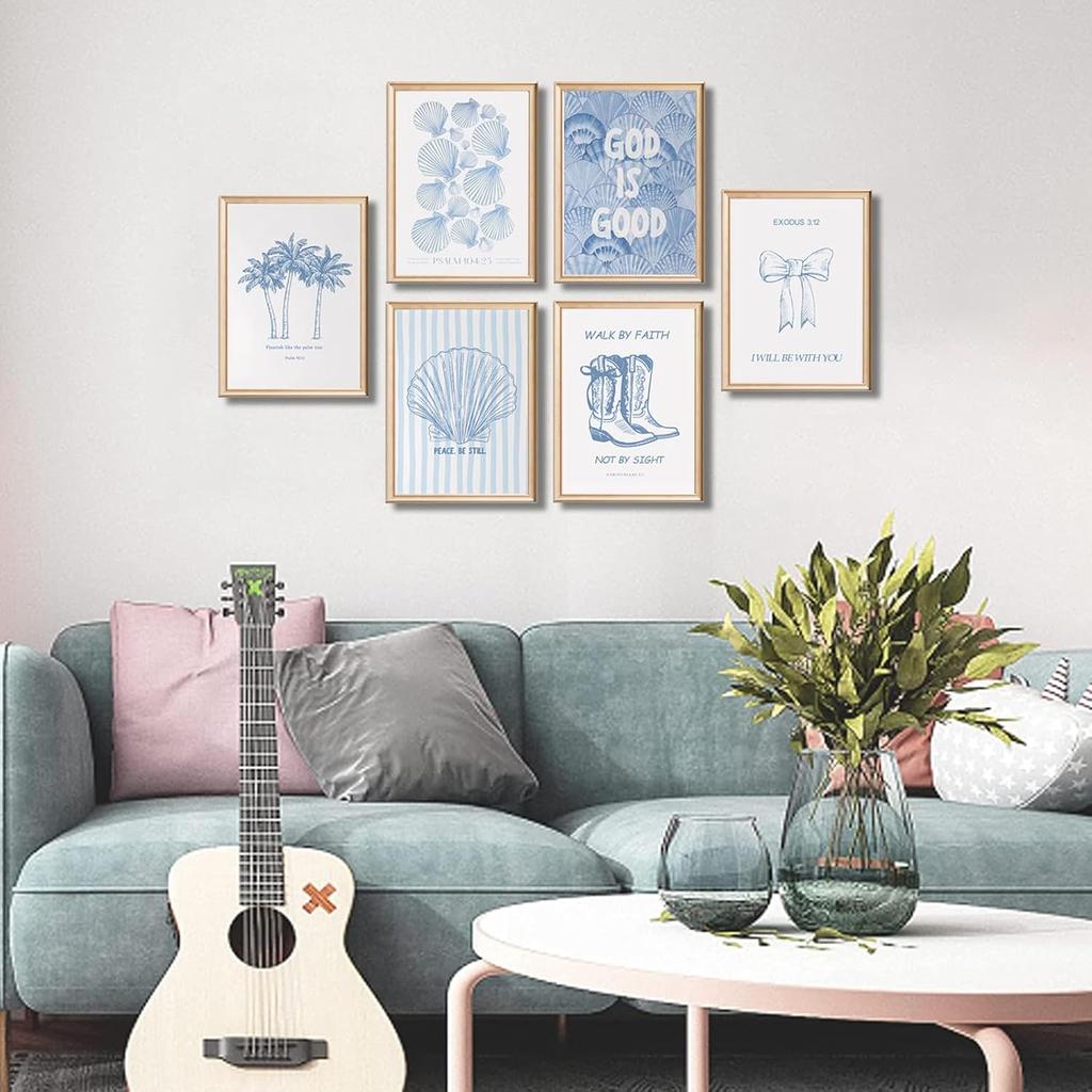 6 Pcs Coastal Christian Wall Art Blue Seashell Scripture Quote Wall Decor Pictures Coastal Granddaughter Preppy Religion Aesthetics Posters Prints