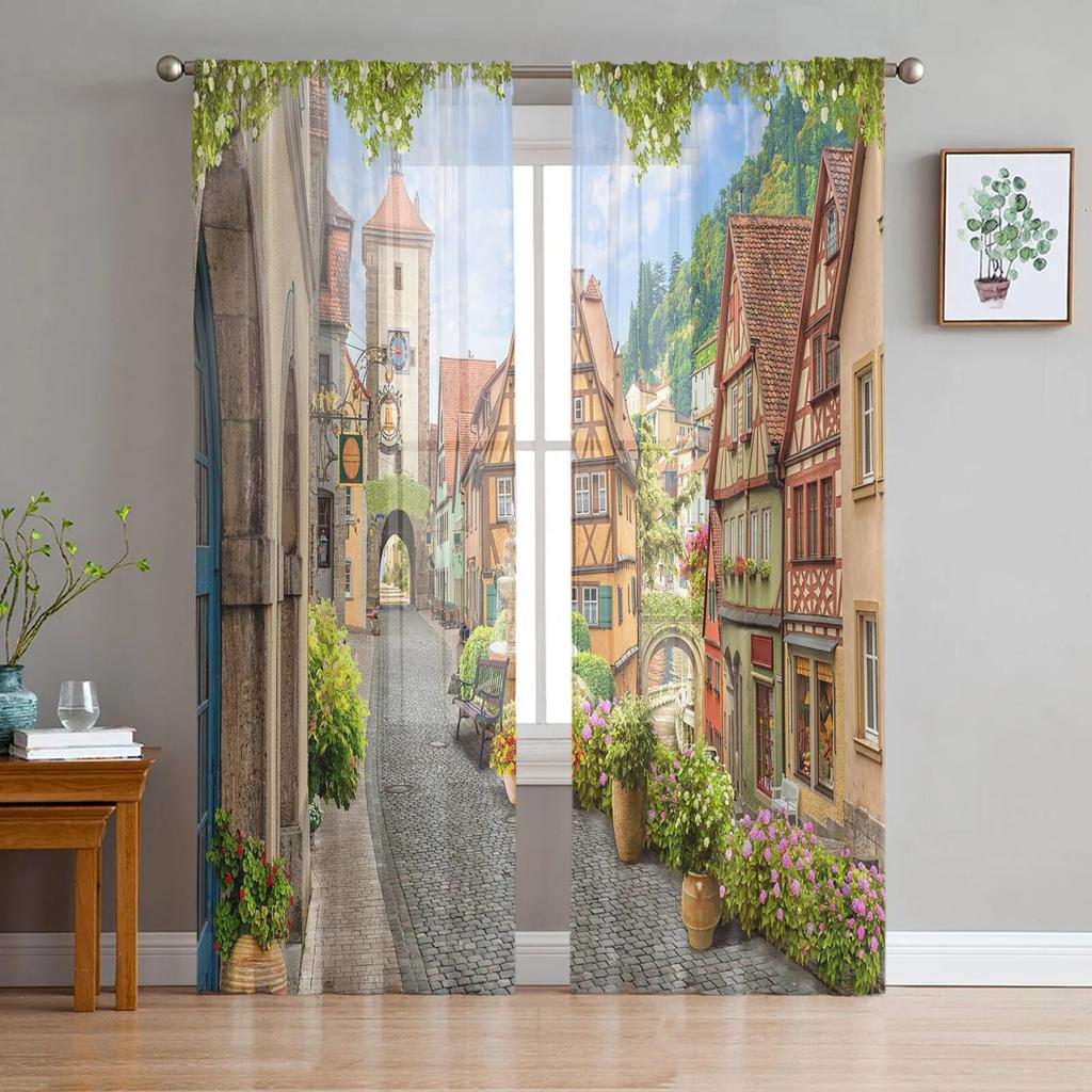 Italian Town Street Sheer Curtains for Living Room Transparent Tulle Window Treatments Bedroom Kitchen Home Decor Veil Drapes