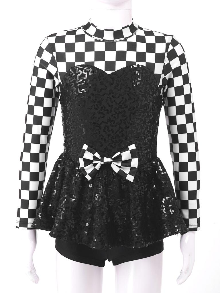 Kids Girls Racer Costume Long Sleeve Sequin Bowknot Keyhole Back Bodysuit for Halloween Cosplay Dress Up Performance