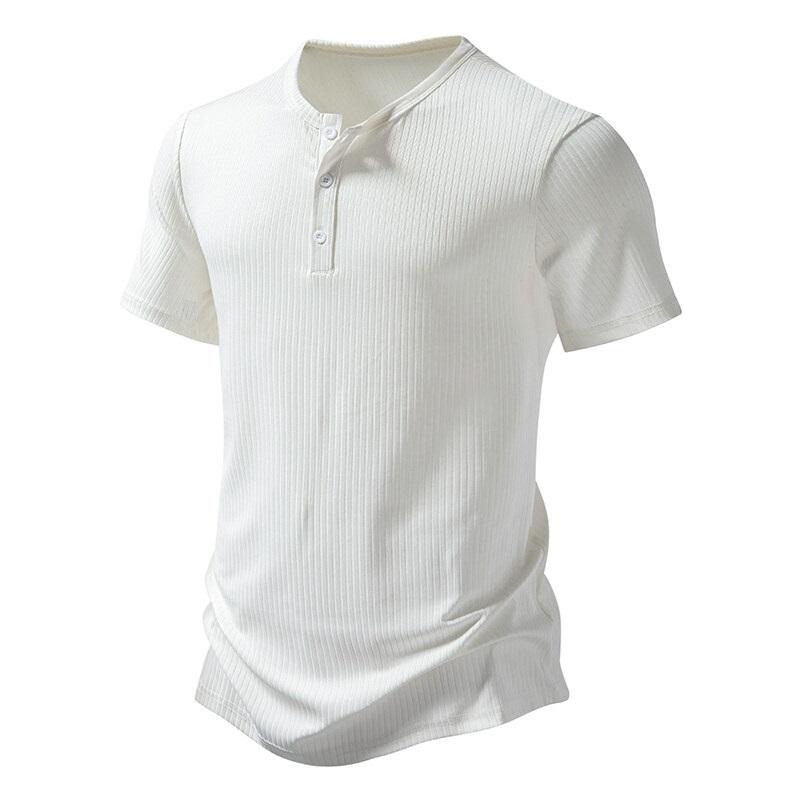 Летняя европейская и американская повседневная мужская футболка с коротким рукавом, на пуговицах, с вырезом Генри, в рубчик, мужская, однотонная, топ