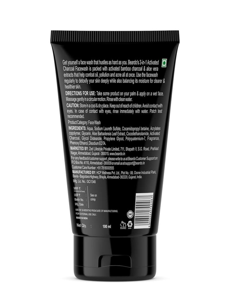 Beardo 3 In 1 Activated Charcoal Face Wash For Men Deep Clean Oil Control Detox Oily Skin Dirt Removal Daily Use 100 ml