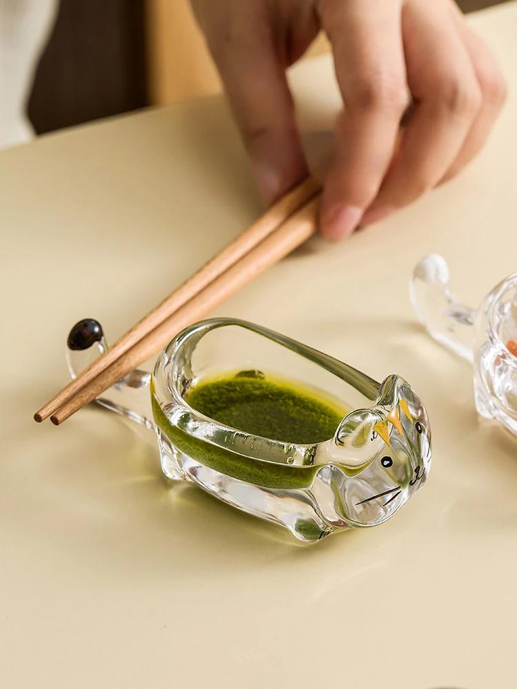 Креативная тарелка для соуса «Китти», хрустальное стекло, томатный салат, соевый соус, уксус, сухая тарелка, мультяшный домашний перекус, маленькая тарелка, держатель для палочек для еды