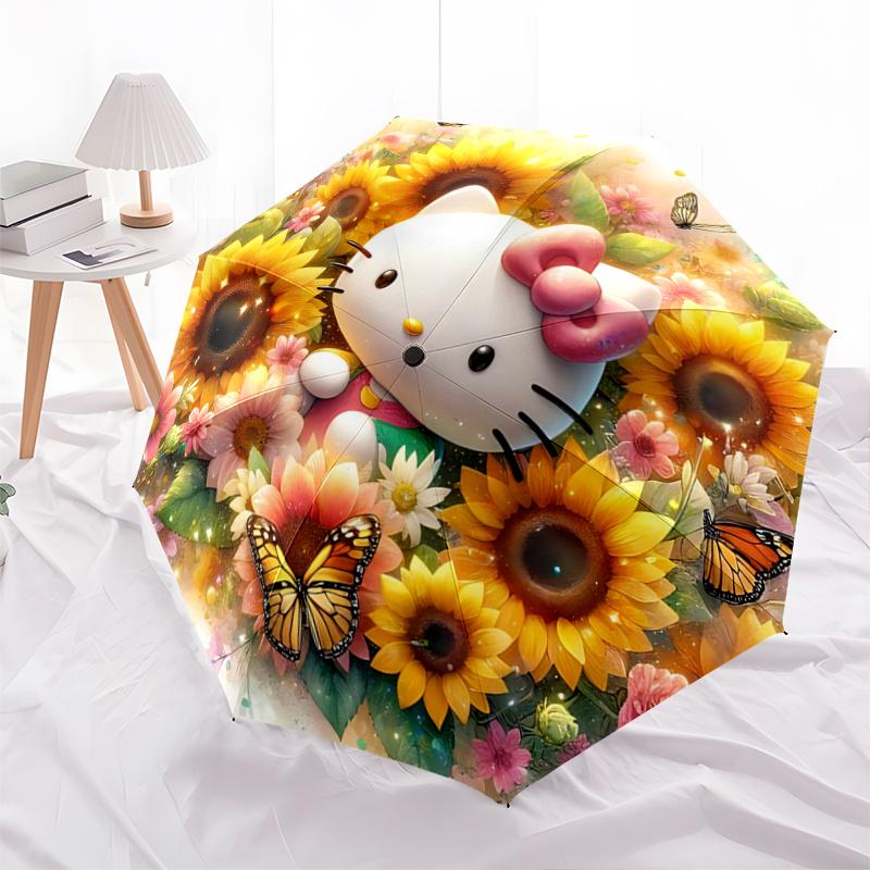 1pc Hello Kitty Sunflower Butterfly Automatic Opening/Closing Umbrella - Portable Folding Design, 8-Rib Iron Frame Outdoor Umbrella, Ideal Gift for Fa