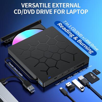 Внешний CD DVD привод, Ультратонкий CD-резак USB 3.0 с 4 USB-портами и 2 слотами для карт TF/SD, Привод для оптических дисков для ноутбука Mac PC