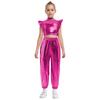 Girls Hip-Hop Dance Costume Mock Neck Rhinestone Mesh Patchwork Sleeveless Metallic Ruffle Top Paired with Shiny Cargo Pants for Competition
