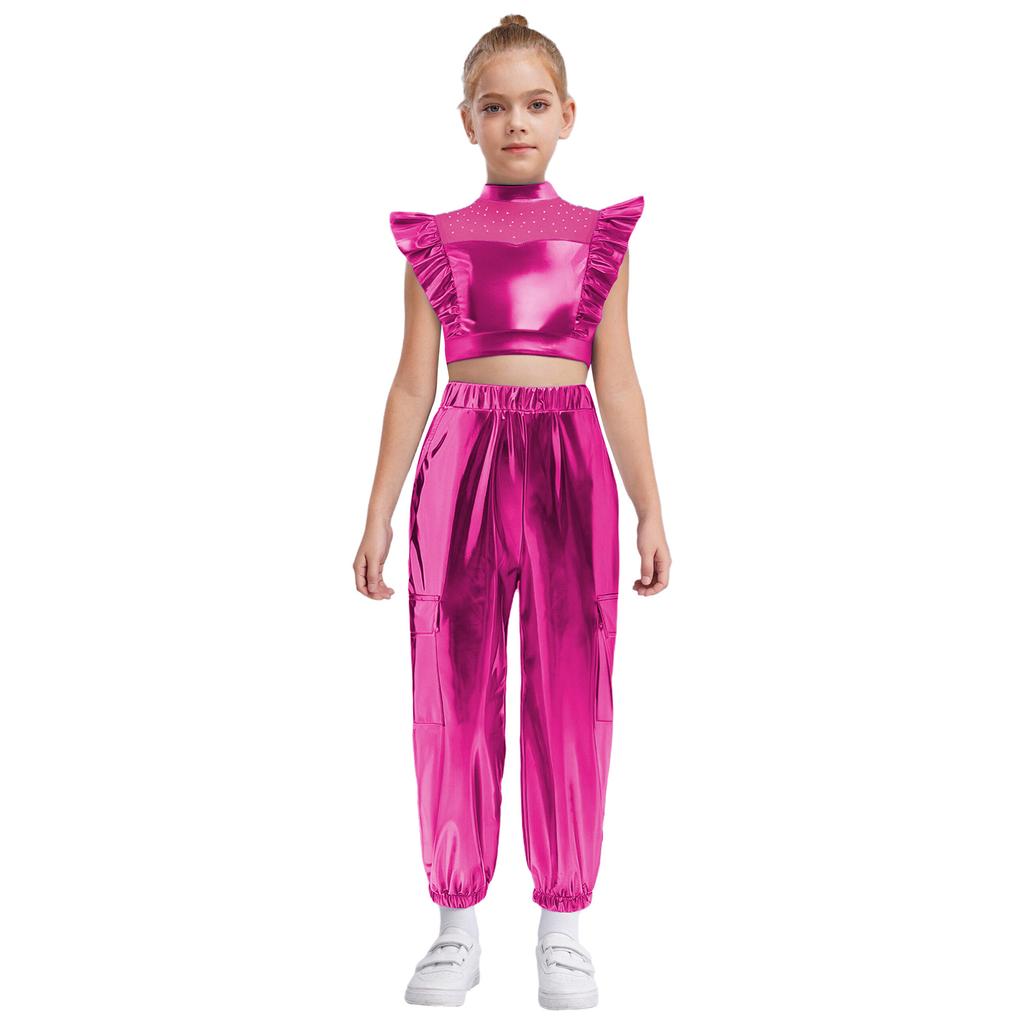 Girls Hip-Hop Dance Costume Mock Neck Rhinestone Mesh Patchwork Sleeveless Metallic Ruffle Top Paired with Shiny Cargo Pants for Competition