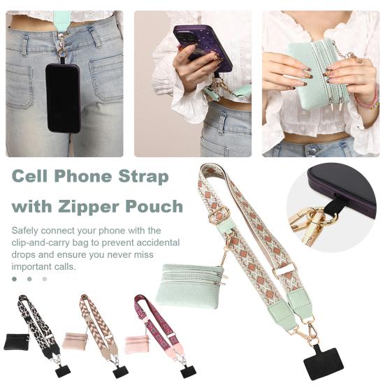 Mobile Phone Strap with Small Zippered Pouch Mini Card Holder Ethnic Style Detachable