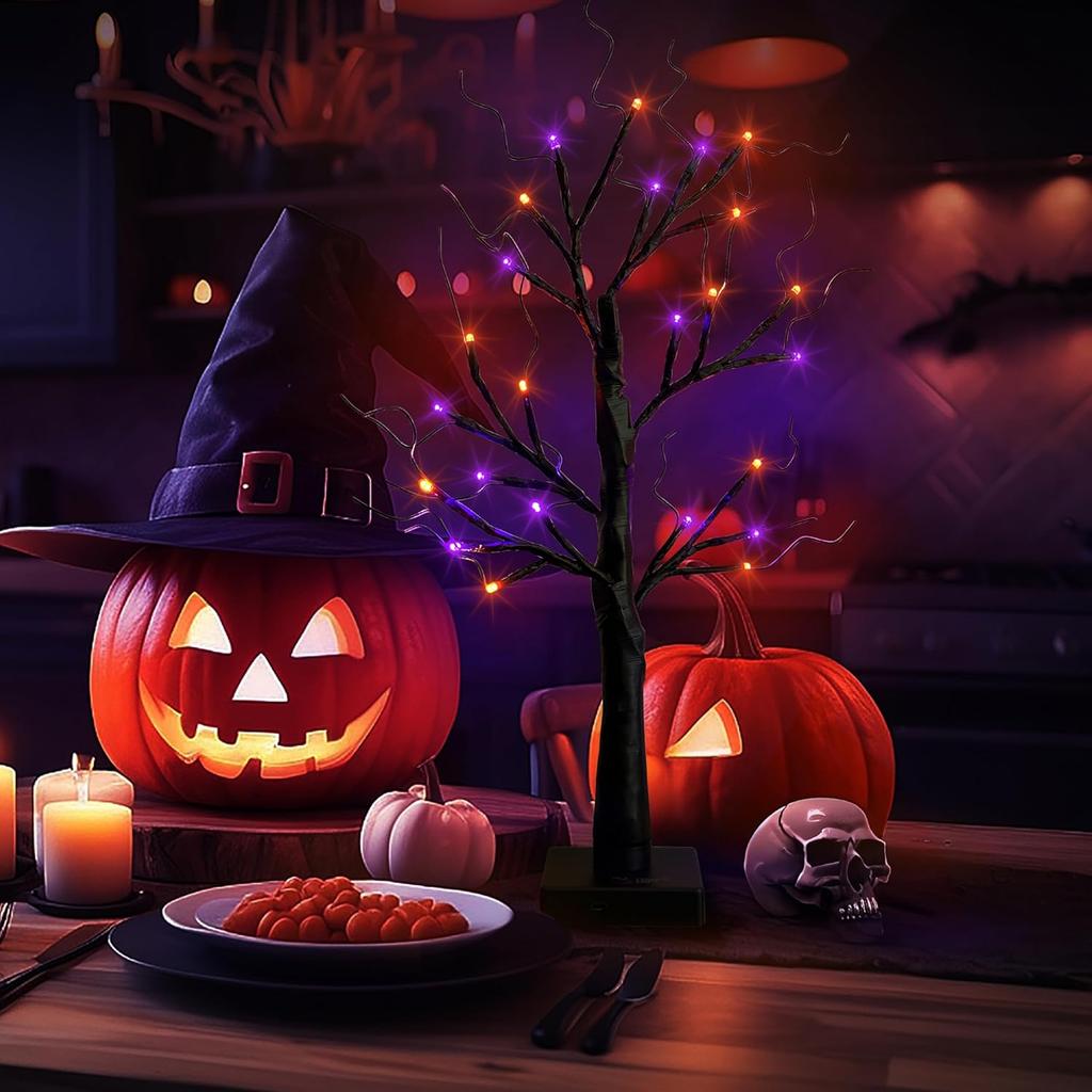 1 шт. Оранжевый/Фиолетовый Светящийся Хэллоуинский Светильник в виде Березы с 24 светодиодами, Черная Ветка, Настольная Лампа, Питание от Батареи и USB, Для Внутреннего Праздничного Украшения