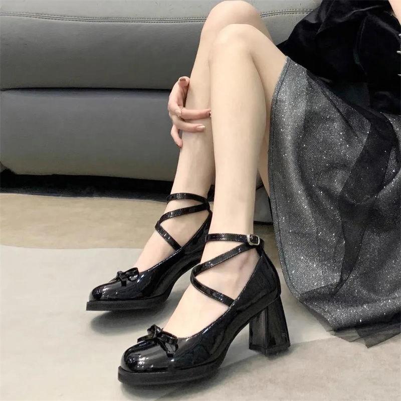 Women's Thick Soled Mary Jane High Heels 2024 Summer New Fashion Elegant Sexy Thick Heeled Versatile Butterfly Knot Single Shoes
