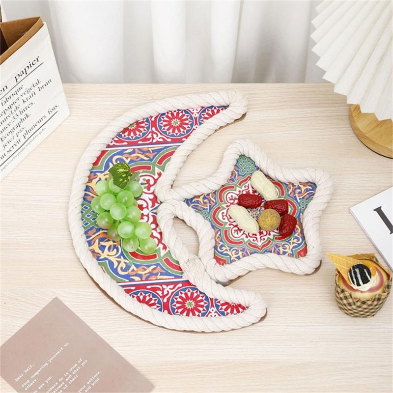 Изящные плетеные подносы из дерева и хлопковой веревки Рамадан Eid Mubarak DIY Поднос для подачи завтрака и десерта Декор для домашних вечеринок