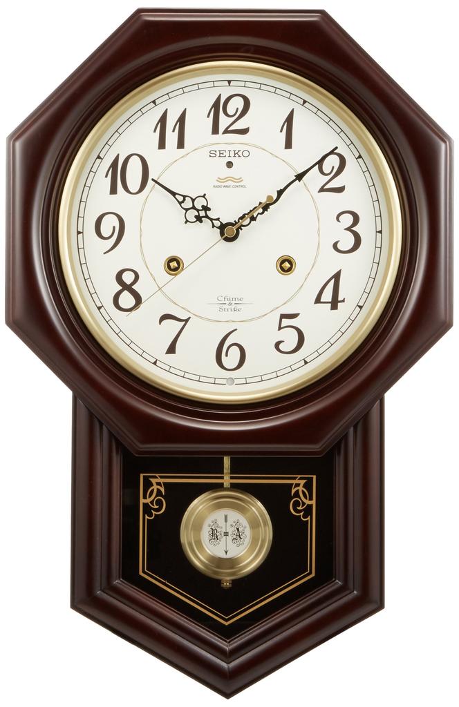 Seiko Clock Wall Clock Radio Analog Time Selectable Chime Strike Decorative Pendulum Octagonal Long Wooden Frame Dark Brown Wood RQ205B &