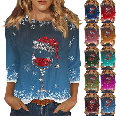 Женская мода и зима повседневная круглая горловина матовая рубчатая рождественская печать футболка рукав три четверти женская одежда