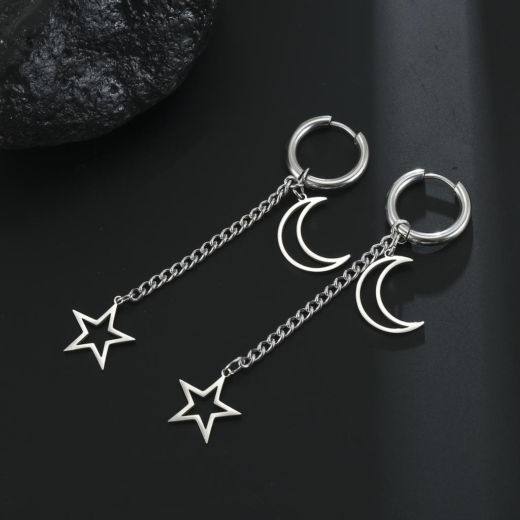 Stainless Steel Moon Star Pendant Earrings for Women Ear Buckle Hip Hop Hoop Earrings Gothic Girl Jewelry Accessories Best Gifts