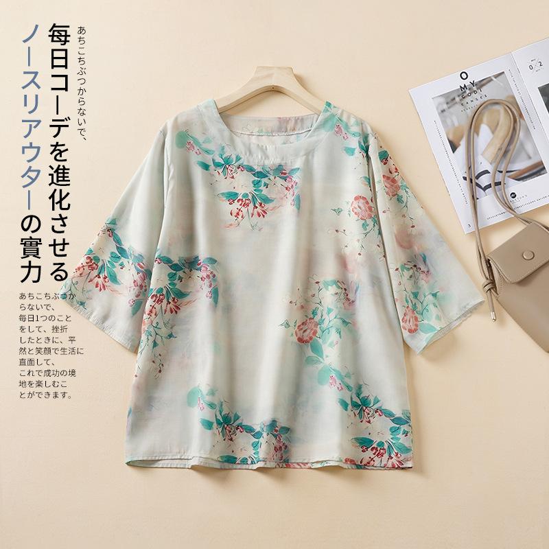 1116 summer round neck ramie print retro loose commuter top cotton and linen literary five-quarter sleeve chic T-shirt
