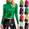 Женский модный цветной топ с высоким воротом, длинными рукавами и открытым пупком, сексуальный облегающий наряд для выступлений