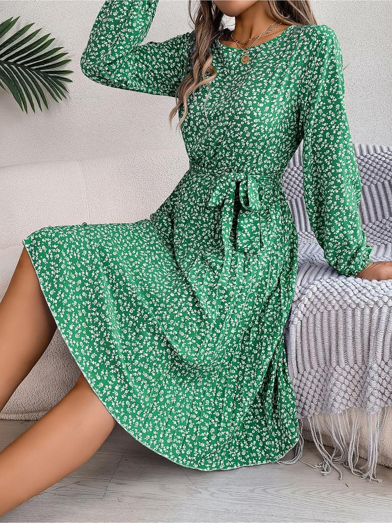 Round Neck Print Flower Dress Waist Hugging Elegant Pleated Dress for Women Long Sleeve Loose Dresses Causal Dress