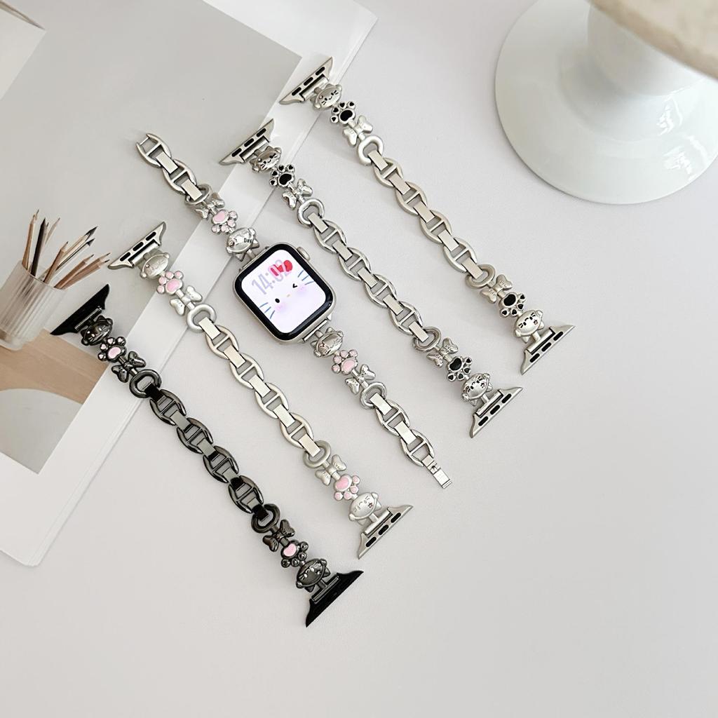 Совместимый ремешок для Apple Watch с дизайном кошки, металлический браслет iWatch SE Series 10 для женщин