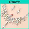 Metal Retro Drop Water Fashion Gem Peacock Necklace Earrings Tassel Exaggerated Clavicle Crystal Jewelry Set