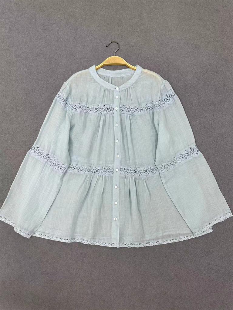 Johnature Японские тонкие кружевные рубашки с длинными рукавами, осенние повседневные простые свободные повседневные топы для женщин