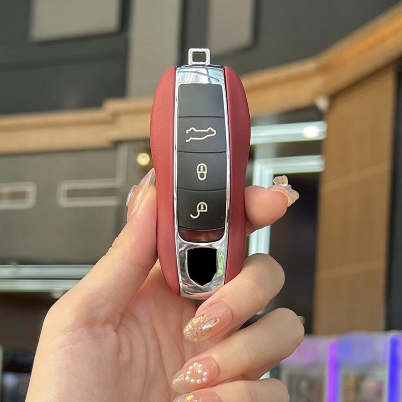 AABKV1 Luxury Genuine Leather for Porsche Boxster Cayman Panamera Cayenne Macan 718/911 Taycan Car Key Case Cover Protective Keychain