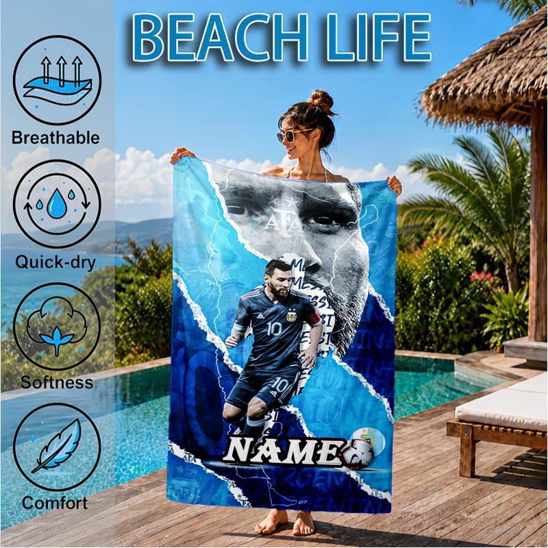 Custom Name Me-ssi football Beach Towel Microfiber Beach Towel, Lightweight and Quick-Dry, for Summer Travel, Swimming Pool Gift