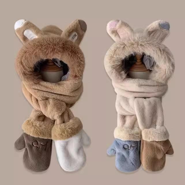 Мягкая шапка с кроличьими ушками, шарф, перчатки, комплект из трех предметов, женская осенне-зимняя термошапка для защиты ушей при езде на велосипеде в холодную погоду