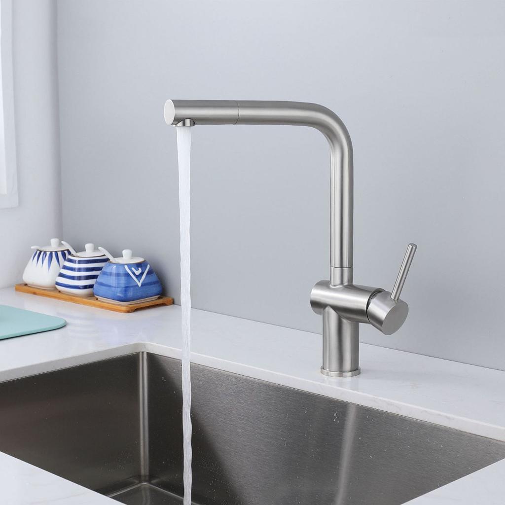 Nickel 304 Stainless Steel Kitchen Sink Faucet Single Hole Single Handle Rotatable Hot And Cold Mixed Water Wash Sink Tap