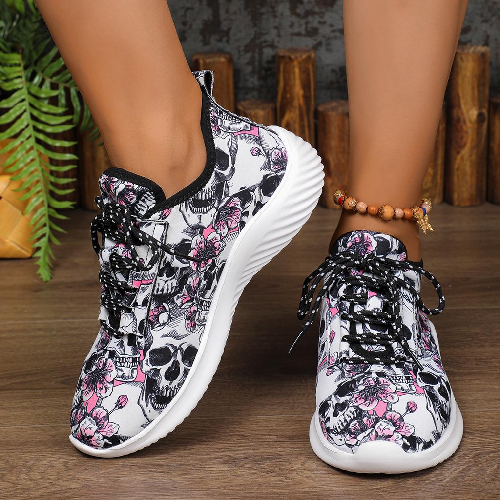 Новый узор с черепом и цветами Женские спортивные туфли Грязеустойчивые Прочные С круглым носком На шнуровке Кроссовки Дышащие Нескользящие Для улицы Путешествия
