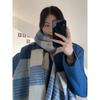 Retro White Blue Plaid Thickened Scarf Women's Autumn and Winter Warm Shawl Scarf