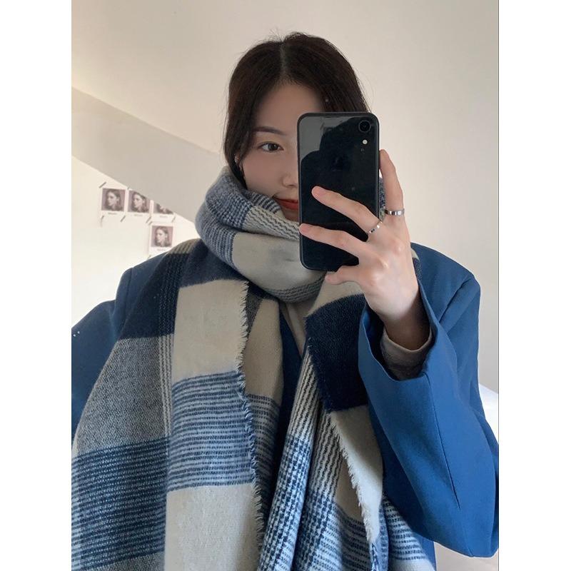 Retro White Blue Plaid Thickened Scarf Women's Autumn and Winter Warm Shawl Scarf