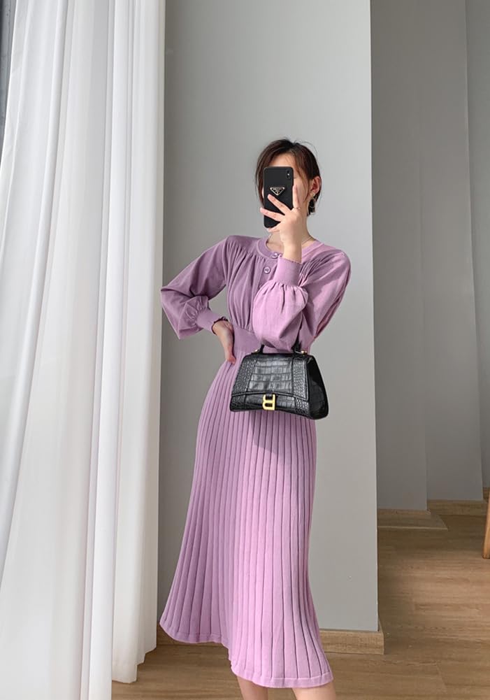 Vilaria Вязаное Длинное Круглый Вырез Однотонное Повседневное Женское Платье, Рукав, Вырез, Стройнящее, Осень/Зима, Цвет, Стильное,