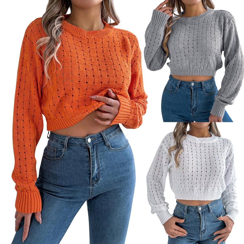 Женская мода повседневный свободный круглый вырез сексуальный спинка пуговицы полый однотонный длинный рукав свитер пуловер топ