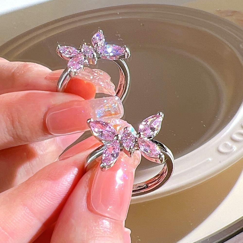 iF ME Zircon Silver Ring for Women Opening Sweet Pink Crystal Bow Heart Rings Accessories Jewelry