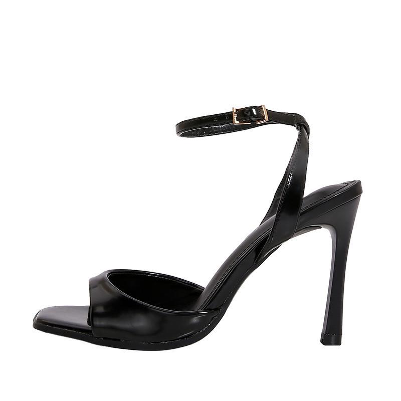 Fashion Black Patent Leather Ankle Strap Buckle Heeled Sandals Women Sexy Square Open Toe High Heels Summer Elegant Party Office Shoes