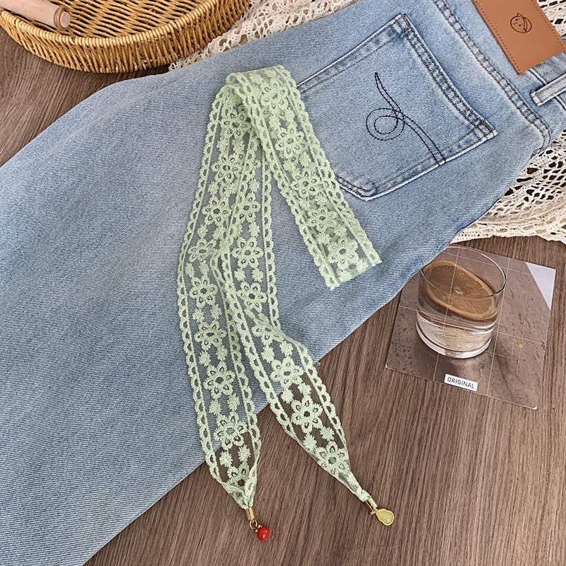 Lace Silk Scarf, Long Strip, High-end Bow, Small Pendant, Scarf, Headscarf, Headband, Decorative Scarf, Waist Belt Can Be Tied.