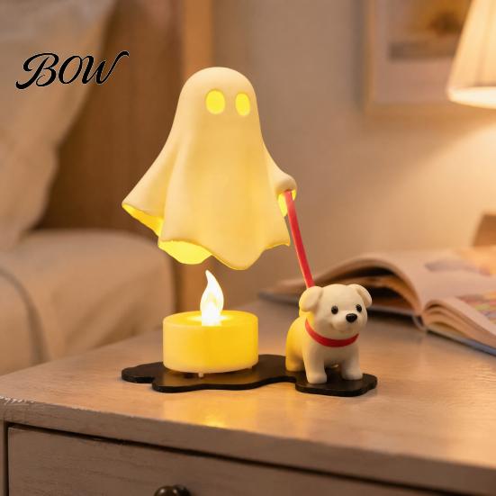 Cute Puppy Night Light Halloween Ghost Walking Dog Figurine, Spooky Statue with Whimsical Room Accessories LED Candle, 3D Printed Tabletop Ornament