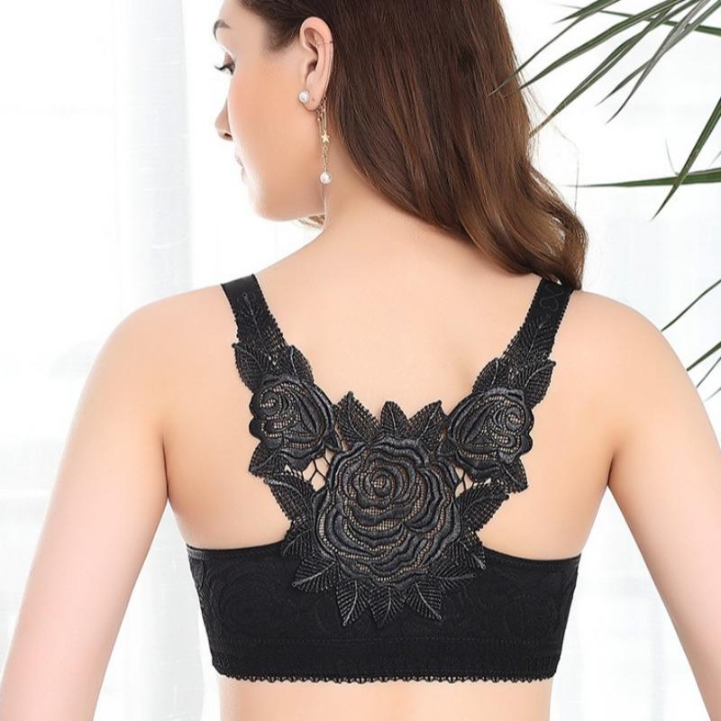 Gathered Adjustable Wire-Free Front-Hook Plus Size Bra with Large Cup and Rose Beautiful Back Lace Sexy Lingerie