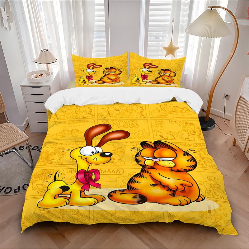 3pcs bedding set Garfield Cartoon Comics Includes 1 Comforter + 2 Pillowcases, Without Pillow Inserts, Soft Comfortable, Lightweight Breatha