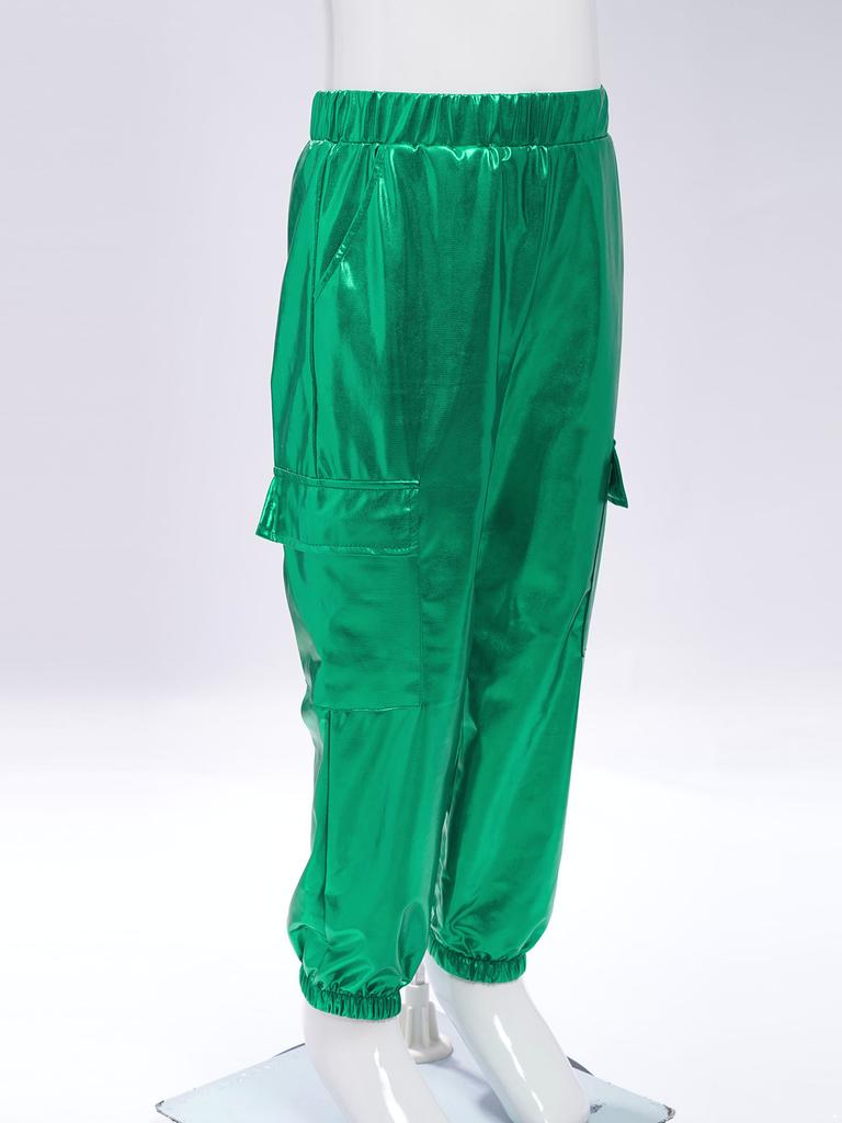 Унисекс Детские Металлические Танцевальные Брюки Эластичный Пояс Блестящие Брюки с Карманами Хип-Хоп Джаз Одежда для Выступлений