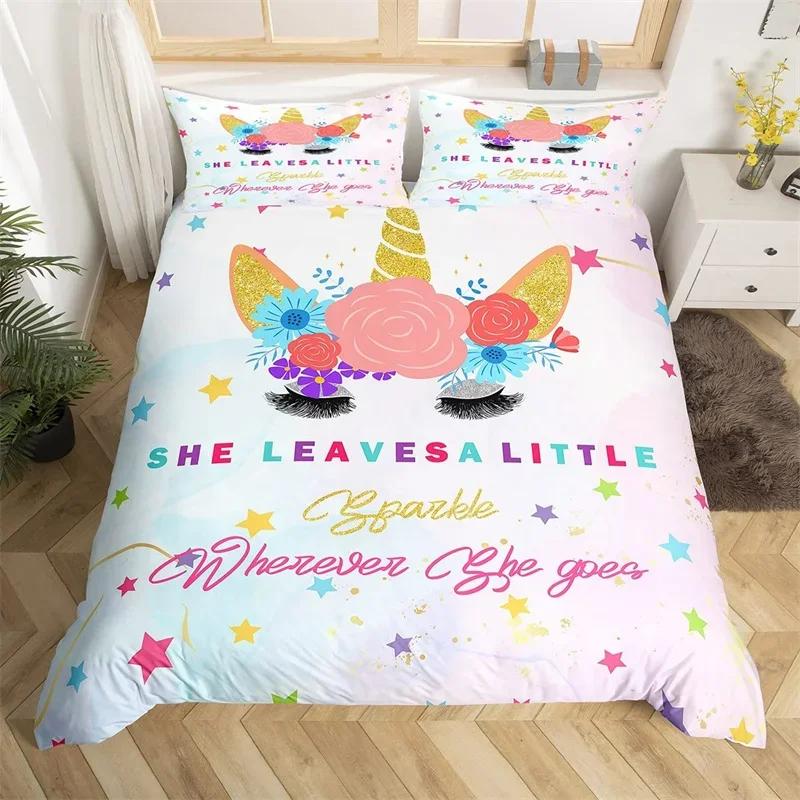 Cartoon Unicorn Duvet Cover Set Smile Eyelash King Bedding Set For Girls Woman Microfiber Mermaid Scale Floral Comforter Cover