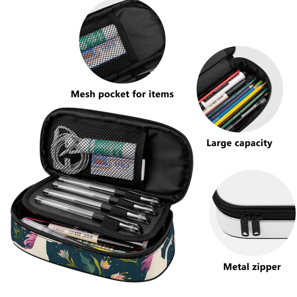 Pen Case Printed Wear Resistant Polyester Zipper Closure with Removable Pen Slot Divider Mesh Pocket and Main Storage for Students