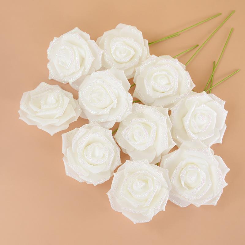 10/20 шт. искусственных розовых цветов со стеблем из пенопласта, блестящий искусственный цветочный букет, свадебные украшения для вечеринки, украшения для дома и сада
