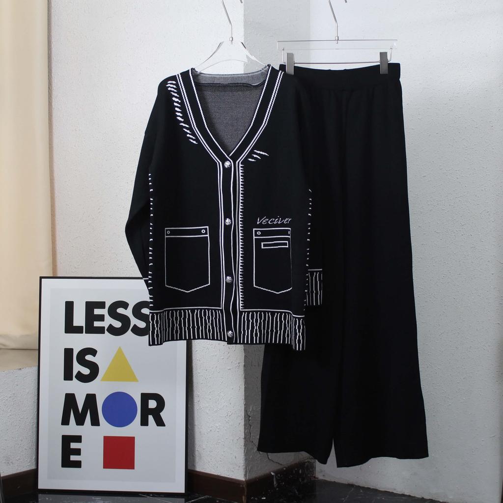 Женский осенне-зимний комплект из двух предметов, трикотажные брюки с принтом, женская уличная одежда, кардиган с длинными рукавами и v-образным вырезом + широкие брюки