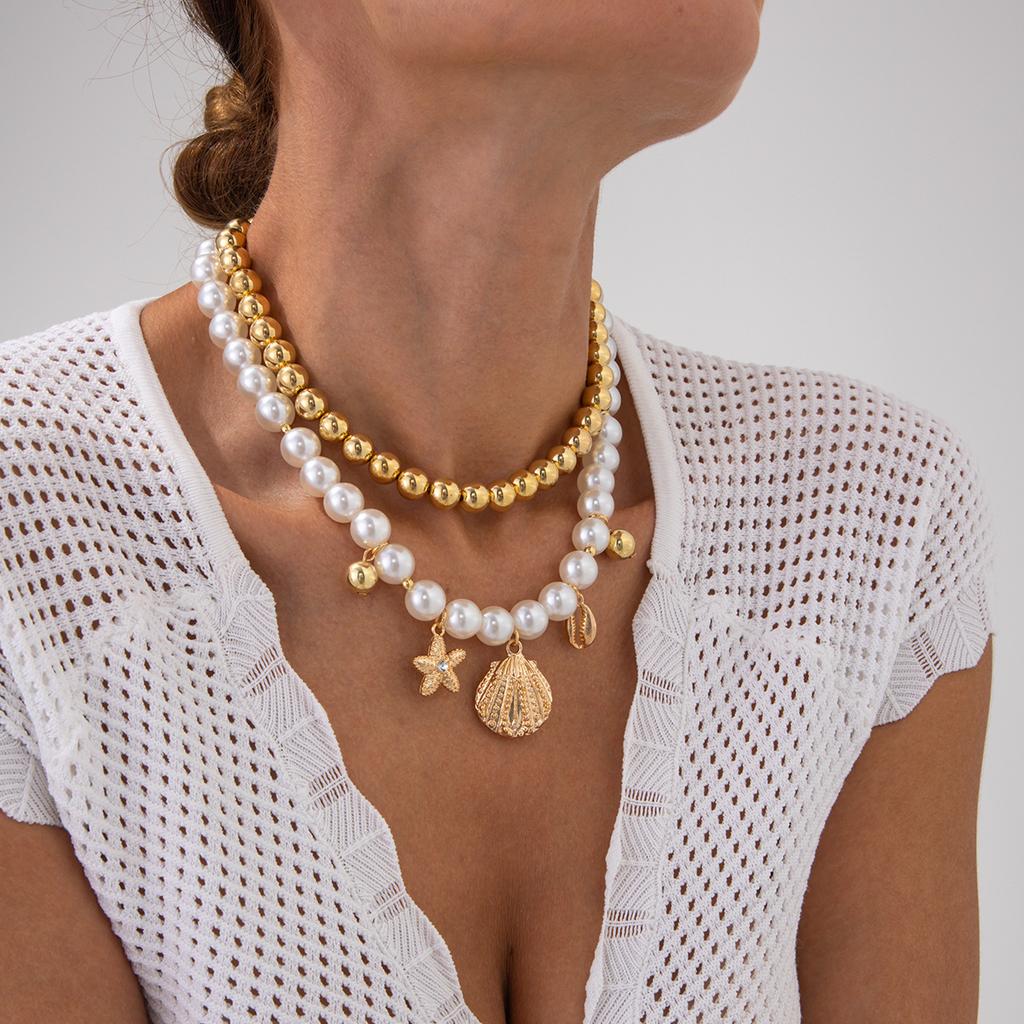 Imitation Pearls CCB Beaded Chokers Necklace Women Summer Beach Boho Starfish Conch Pendant Jewelry Accessories