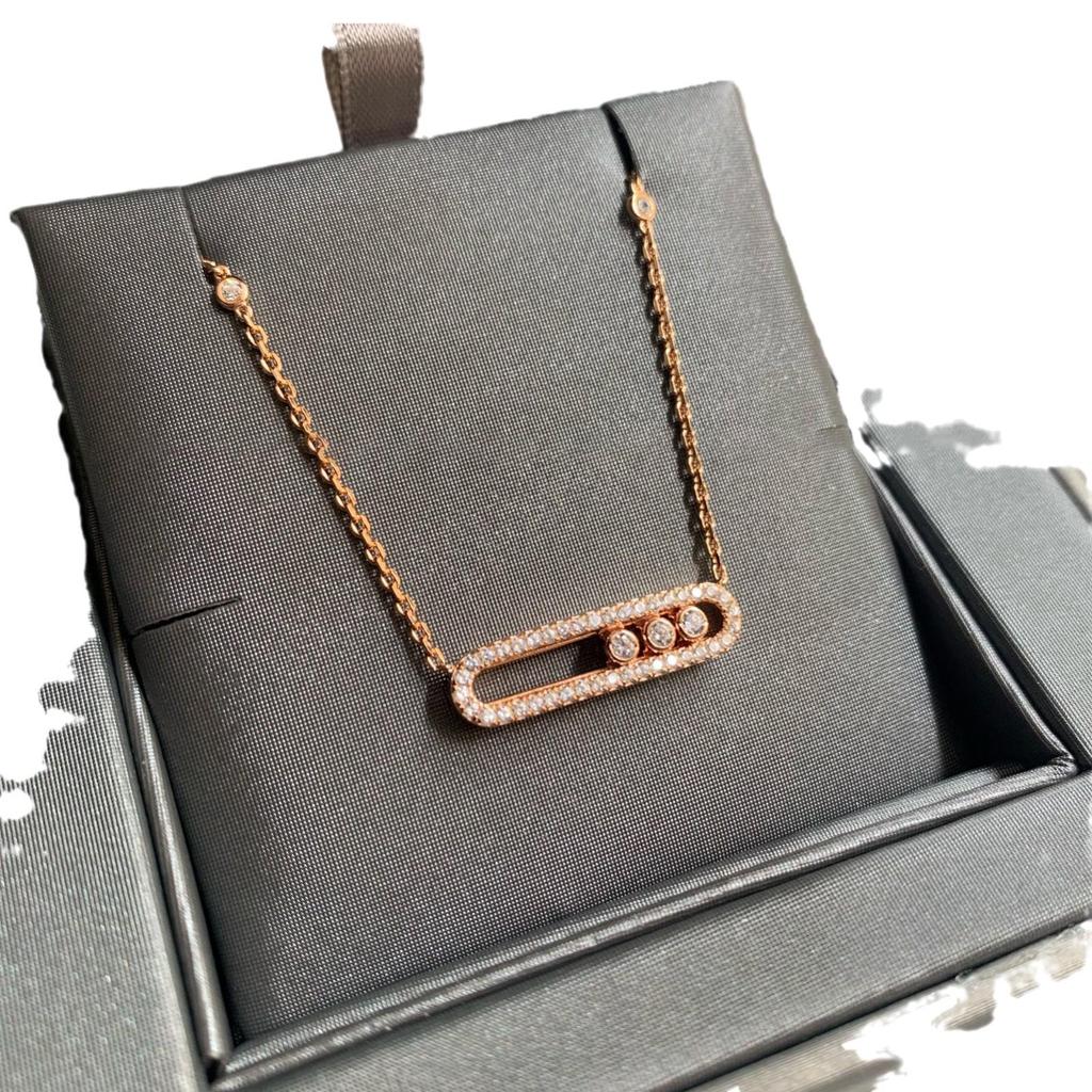 European-Style Gold-Plated S925 Silver Diamond Paperclip Necklace with Three Movable Beads